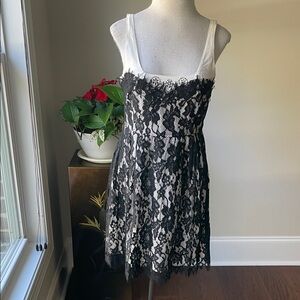 White Slip Dress with Black Lace Overlay - Women's Mini
